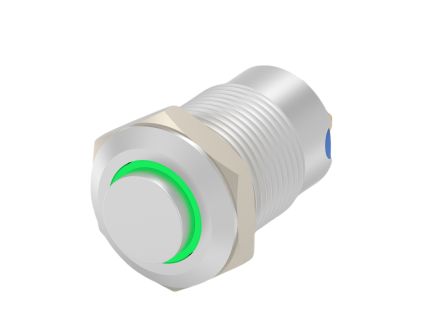 TE Connectivity AV12 Series Illuminated Push Button Switch, Momentary, Threaded, 9mm Cutout, SPST, Green LED, 12V, IP67 [AV1210E612R04]; 170-688