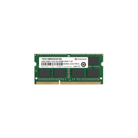 Transcend 4 GB DDR3 Desktop, Laptop RAM, 1333Mbit/s, SODIMM, 1.5V [TS512MSK64V3N]; 175-087