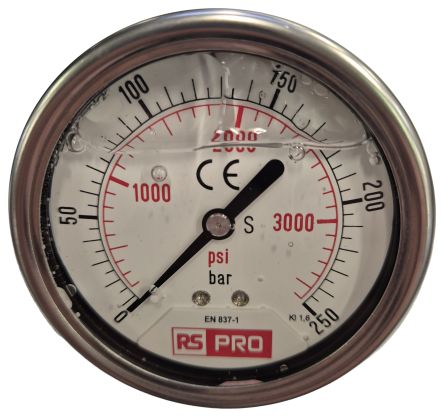 RS PRO BSP 1/4 Analogue Pressure Gauge 250bar Bottom Entry 63mm Outside Diameter [0]; 179-981