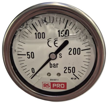RS PRO BSP 1/4 Analogue Pressure Gauge 250bar Bottom Entry 63mm Outside Diameter [0]; 179-983