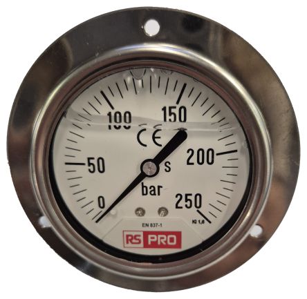 RS PRO BSP 1/4 Analogue Pressure Gauge 250bar Bottom Entry 63mm Outside Diameter [0]; 179-992