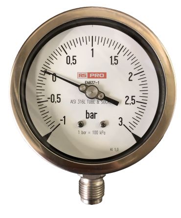 RS PRO BSP 1/2in Analogue Pressure Gauge 3bar Bottom Entry 100mm Outside Diameter [0]; 180-007