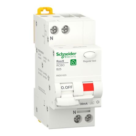 Schneider Electric RCBO, 25A Current Rating, 1P+N Poles, 30mA Trip Sensitivity, Type B, Resi9 Range [R9D01625]; 212-022