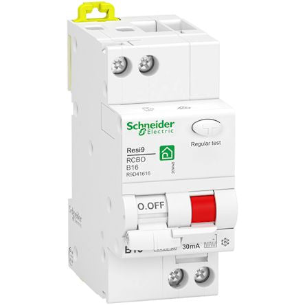 Schneider Electric RCBO, 16A Current Rating, 1P+N Poles, 30mA Trip Sensitivity, Type B, Resi9 Range [R9D41616]; 212-084