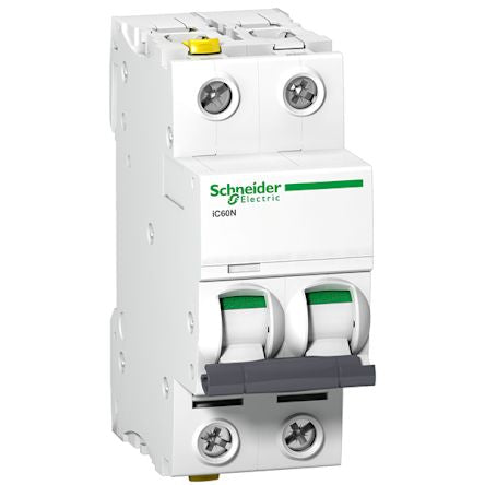 Schneider Electric Acti9 A9F0 MCB, 2P, 2A Curve C, 440V AC, 125V DC, 25 kA Breaking Capacity [A9F04202]; 212-097
