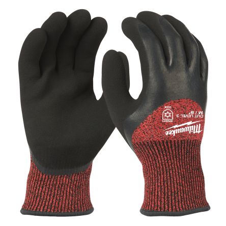 Milwaukee Winter Cut Black/Red Glass Fibre, HPPE Cut Resistant Work Gloves, Size 7, S, Latex Coating [4932479708]; 212-465