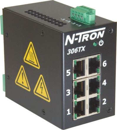 N-Tron TX Series DIN Rail Mount Ethernet Switch, 6 RJ45 Ports, 10/100Mbit/s Transmission, 10 → 30V dc [306TX]; 212-533