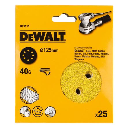 DeWALT DT31 Aluminium Oxide Sanding Disc, 125mm, 40 Grit, 25 in pack [DT3111-QZ]; 215-503