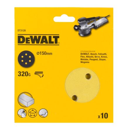DeWALT DT31 Aluminium Oxide Sanding Disc, 150mm, 320 Grit, 10 in pack [DT3128-QZ]; 216-222