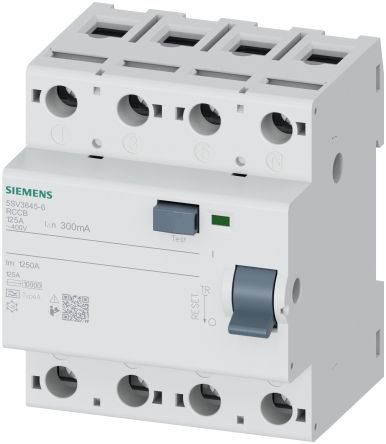 Siemens 5SV3 RCCB, 125A, 4 Pole, 300mA, Type A, 230/400V [5SV3645-6]; 218-877