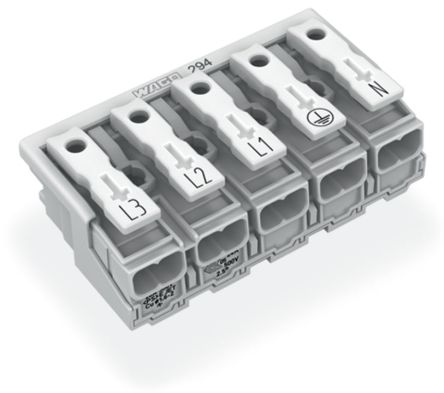 WAGO 294 Series Male Lighting Connector, 5-Pole, Male, 5-Way, Plug-In Mount, 24A [294-5015]; 223-989
