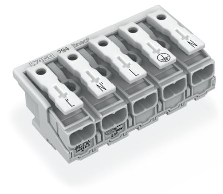 WAGO 294 Series Male Lighting Connector, 5-Pole, Male, 5-Way, Plug-In Mount, 24A [294-8015]; 224-431