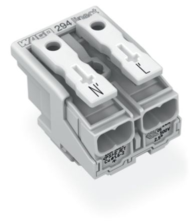 WAGO 294 Series Male Lighting Connector, 2-Pole, Male, 2-Way, Plug-In Mount, 24A [294-8022]; 224-432