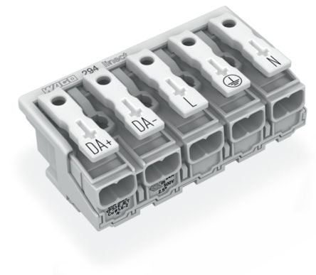 WAGO 294 Series Male Lighting Connector, 5-Pole, Male, 5-Way, Plug-In Mount, 24A [294-8035]; 224-437