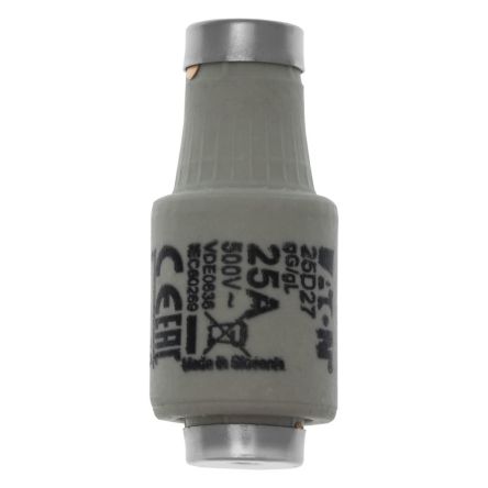 Eaton 25A Bottle Fuse, 500V ac [25D27 FUSE-D2 25A T GL/GG 500VAC E27]; 228-629