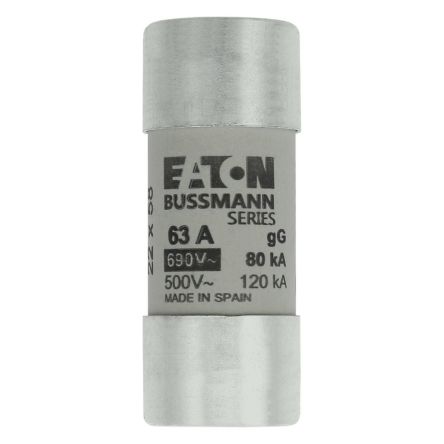 Eaton 63A gG/gL Cartridge Fuse, 22.2 x 58mm [C22G63 CYLINDRICAL FUSE 22 x 58 63A GG 690V AC]; 228-767
