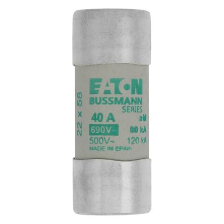 Eaton 40A Slow-Blow Cartridge Fuse, 22.2 x 58mm [C22M40 CYLINDRICAL FUSE 22 x 58 40A AM 690V AC]; 228-774
