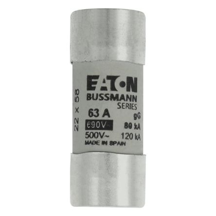 Eaton 63A Cartridge Fuses, 22.2 x 58mm [C22G63S CYL FUSE >STR >22 x 58 63A GG 690V AC]; 228-920