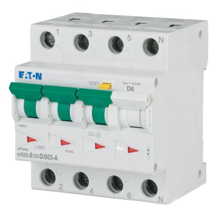 Eaton RCBO, 6A Current Rating, 3+N Poles, 30mA Trip Sensitivity, Type D, xPole Range [120669 mRB6-6/3N/D/003-A]; 229-302