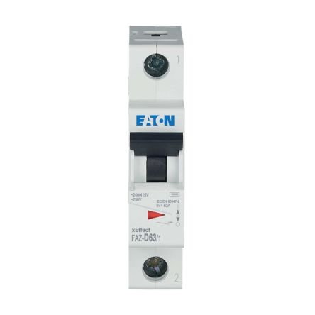 Eaton xEffect FAZ MCB, 1P, 63A Curve D, 400V AC, 48V DC, 15 kA Breaking Capacity [115371 FAZ-D63/1]; 229-369