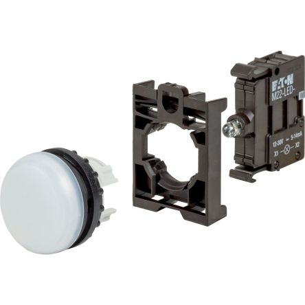Eaton, , Panel Mount White LED Indicator, 22.5mm Cutout, IP67, IP69K, Round [110928 M22-L-W-LED-BVP]; 229-486