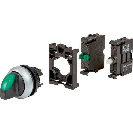 Eaton Toggle Selector Switch Head - (1NO) 22.5mm Cutout Diameter, Illuminated 2 Positions [110924 M22-WRLK-G-K10LED-BVP]; 231-244