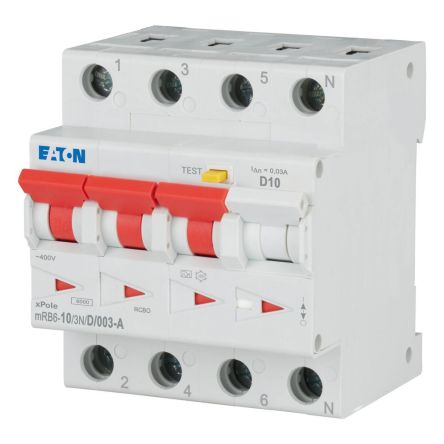 Eaton RCBO, 10A Current Rating, 3+N Poles, 30mA Trip Sensitivity, Type D, xPole Range [120670 mRB6-10/3N/D/003-A]; 231-693