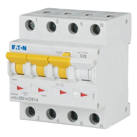 Eaton RCBO, 25A Current Rating, 3+N Poles, 100mA Trip Sensitivity, Type C, xPole Range [120680 mRB4-25/3N/C/01-A]; 231-697