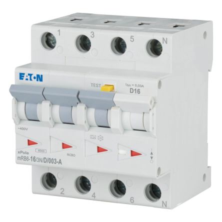 Eaton RCBO, 16A Current Rating, 3+N Poles, 30mA Trip Sensitivity, Type D, xPole Range [120672 mRB6-16/3N/D/003-A]; 231-776