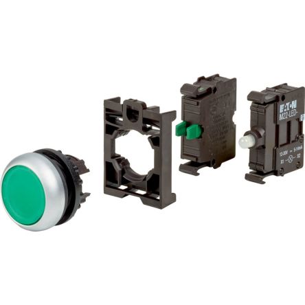 Eaton M22 Series Illuminated Push Button, Momentary, 50mm Cutout, Green LED, IP67 [110930 M22-DL-G-K10LED-BVP]; 232-067