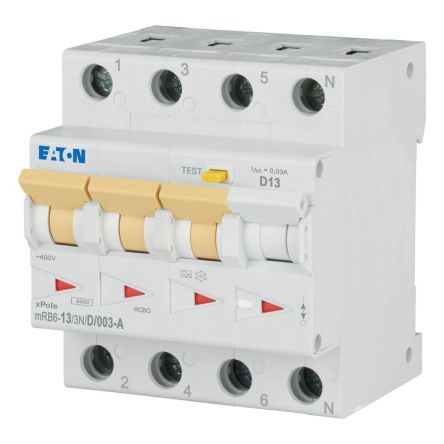 Eaton RCBO, 13A Current Rating, 3+N Poles, 30mA Trip Sensitivity, Type D, xPole Range [120671 mRB6-13/3N/D/003-A]; 232-173
