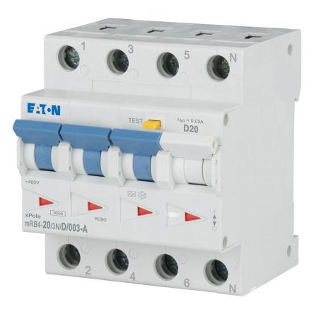 Eaton RCBO, 20A Current Rating, 3+N Poles, 30mA Trip Sensitivity, Type D, xPole Range [120683 mRB4-20/3N/D/003-A]; 232-176