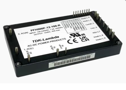 TDK-Lambda AC-DC Power Supply, PFH500F-12-100-R, 9.6 → 14.4V dc, 42A, 504W, 1 Output, 85 → 265V ac Input [PFH500F-12-100-R]; 235-135