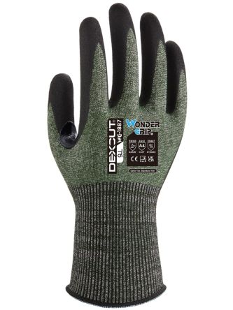 Wonder Grip WG-1887 DEXCUT Black, Green HPPE, Mineral Fiber, Nylon, Polyester, Spandex Cut Resistant, General Purpose, [WG18871012]; 240-323