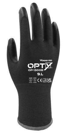 Wonder Grip OP-1300B OPTY Black Nylon General Purpose General Handling Gloves, Size 9, L, Polyurethane Coating [OP1300B0912]; 240-361