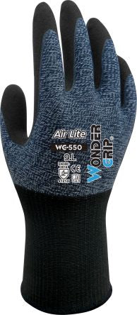 Wonder Grip WG-550 AIR LITE Black, Blue Nylon, Polyester General Purpose Gloves, Size 9, L, Nitrile Coating [WG5500912]; 240-386