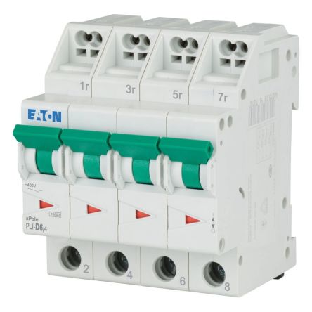 Eaton MCB, 4P, 6A Curve D, 400V AC, 10 kA Breaking Capacity [101366 PLI-D6/4]; 240-446