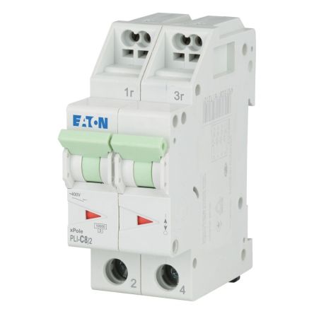 Eaton MCB, 2P, 8A Curve C, 400V AC, 10 kA Breaking Capacity [101297 PLI-C8/2]; 240-544
