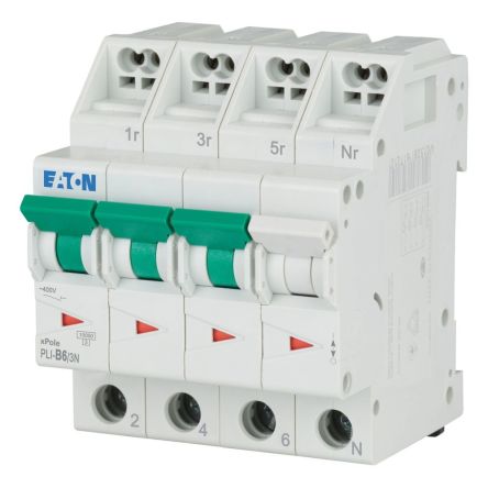 Eaton MCB, 3P, 6A Curve B, 400V AC, 10 kA Breaking Capacity [101331 PLI-B6/3N]; 240-556