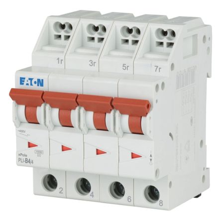Eaton MCB, 4P, 4A Curve B, 400V AC, 10 kA Breaking Capacity [101351 PLI-B4/4]; 240-563
