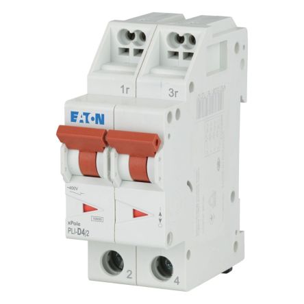Eaton MCB, 2P, 4A Curve D, 400V AC, 10 kA Breaking Capacity [101302 PLI-D4/2]; 241-168