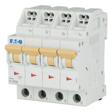 Eaton MCB, 4P, 13A Curve C, 400V AC, 10 kA Breaking Capacity [101362 PLI-C13/4]; 241-188