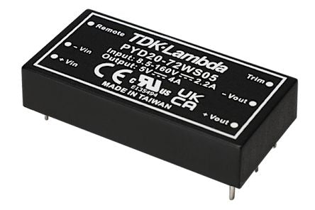 TDK-Lambda PYD20 DC-DC Converter, 5V dc/ 4A Output, 8.5 → 160 V dc Input, 20W, Through Hole, +105°C Max Temp [PYD20-72WS05]; 242-697