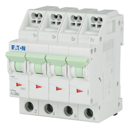 Eaton MCB, 4P, 8A Curve D, 400V AC, 10 kA Breaking Capacity [101367 PLI-D8/4]; 243-504