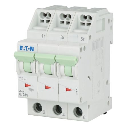 Eaton MCB, 3P, 8A Curve C, 400V AC, 10 kA Breaking Capacity [101318 PLI-C8/3]; 244-009