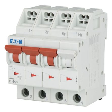 Eaton MCB, 3P, 4A Curve B, 400V AC, 10 kA Breaking Capacity [101330 PLI-B4/3N]; 244-015
