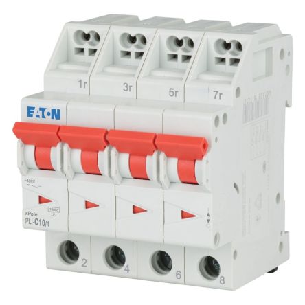 Eaton MCB, 4P, 10A Curve C, 400V AC, 10 kA Breaking Capacity [101361 PLI-C10/4]; 244-025