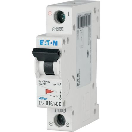 Eaton xEffect FAZ MCB, 1P, 16A Curve B, 250V DC, 10 kA Breaking Capacity [176069 FAZ-B16/1-DC]; 246-056