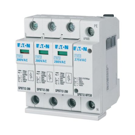 Eaton Surge Protector, 12.5kA, 1.5kV, DIN Rail Mount [184750 SPBT12-280-3+NPE50]; 246-551
