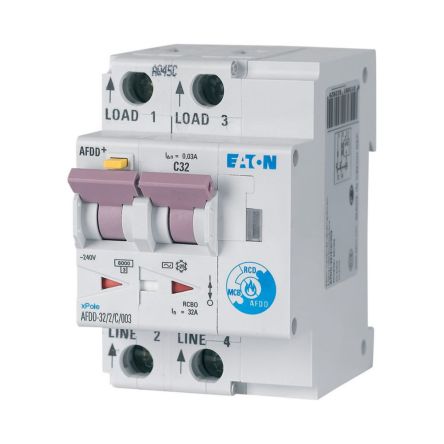 Eaton AFDD, 32A Current Rating, 2P Poles, 30mA Trip Sensitivity, Type B, Eaton Moeller Range [187231 AFDD-32/2/B/003-A]; 246-608